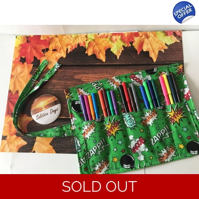 Green cartoon wow zap pencil case for kids, fabric pencil roll, cotton fabric stationary pouch, hand